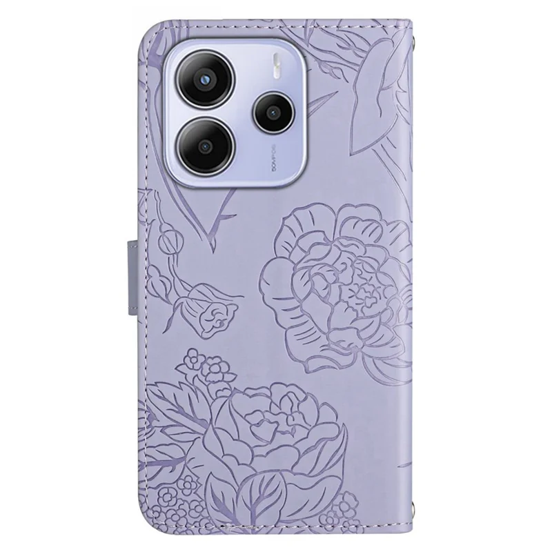 For Xiaomi Redmi Note 14 4G (163.25mm) Case Butterfly Flower Imprint Leather Phone Cover with Shoulder Strap - Purple