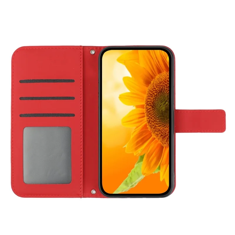 For Xiaomi Redmi Note 14 4G (163.25mm) Case Sunflower Imprint Leather Wallet Phone Cover with Wrist Strap - Red