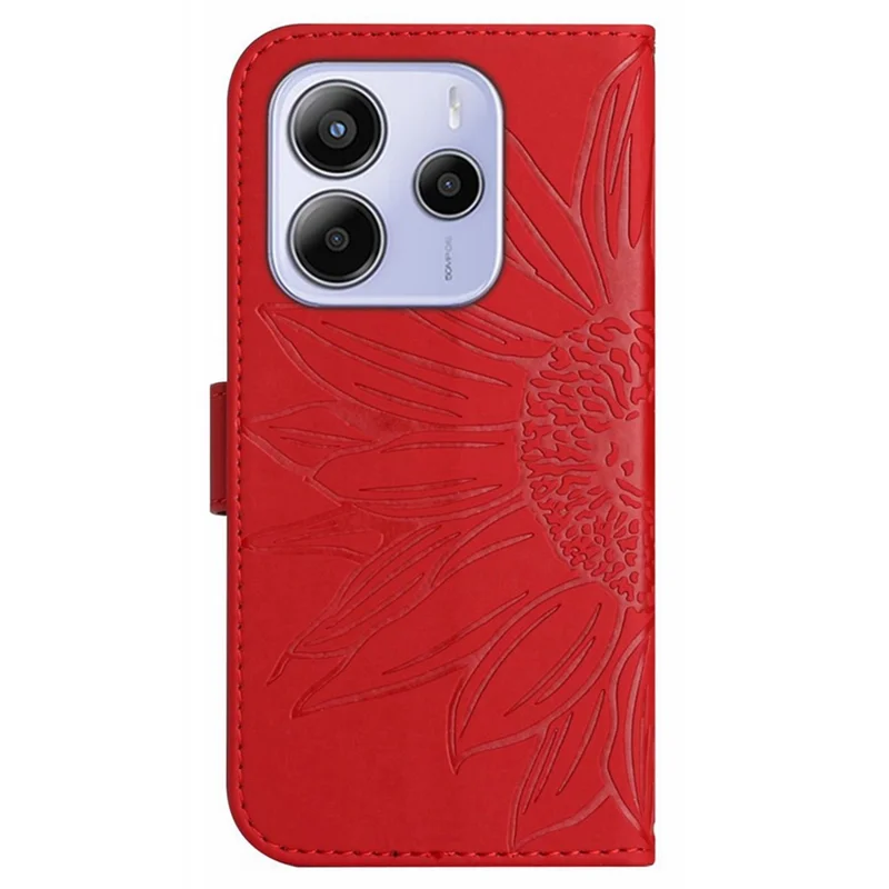 For Xiaomi Redmi Note 14 4G (163.25mm) Case Sunflower Imprint Leather Wallet Phone Cover with Wrist Strap - Red
