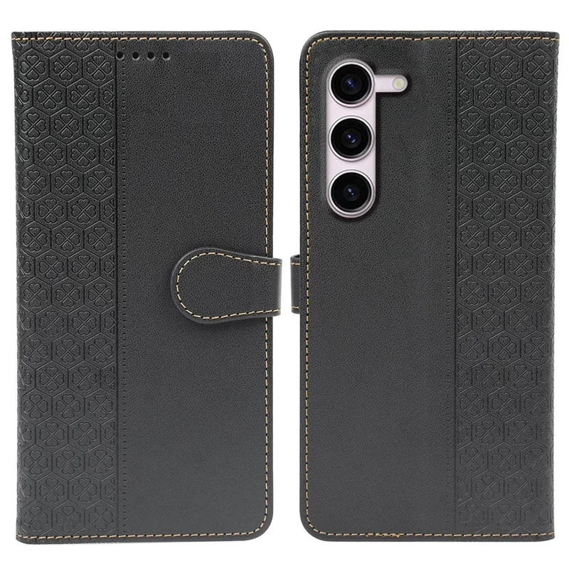 For Samsung Galaxy S23+ Case Magnetic Clasp Four Leaf Clover Leather Phone Cover - Black