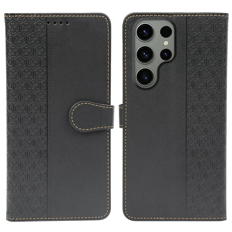 For Samsung Galaxy S23 Ultra Case Magnetic Clasp Four Leaf Clover Leather Phone Cover - Black