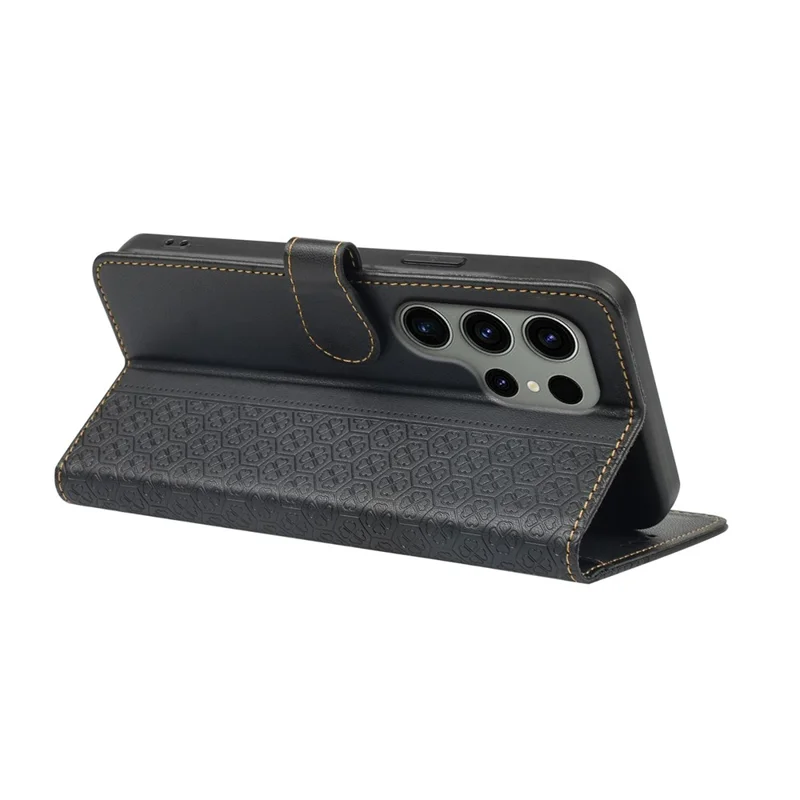 For Samsung Galaxy S23 Ultra Case Magnetic Clasp Four Leaf Clover Leather Phone Cover - Black