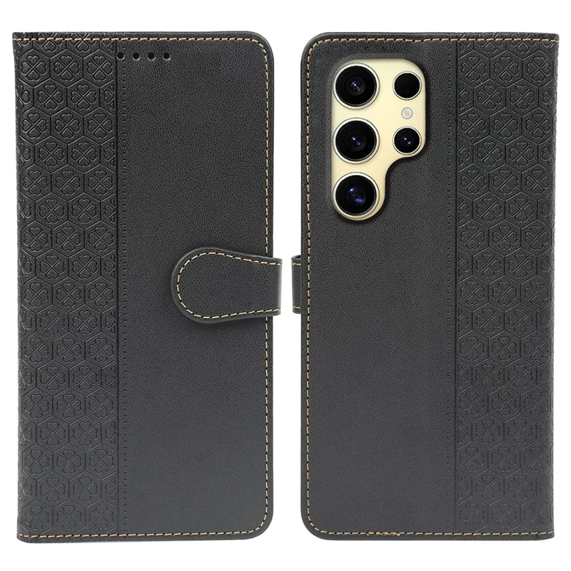 For Samsung Galaxy S25 Ultra Case Magnetic Clasp Four Leaf Clover Leather Phone Cover - Black