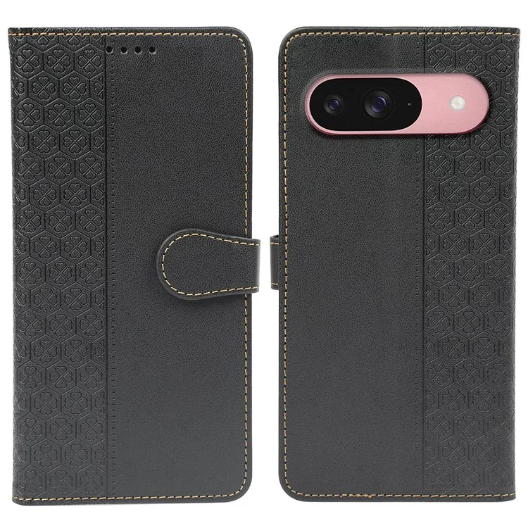 Funda para Google Pixel 9 / Pixel 9 Pro Cierre magnético Trébol de cuatro hojas Cubierta de teléfono de cuero - Negro