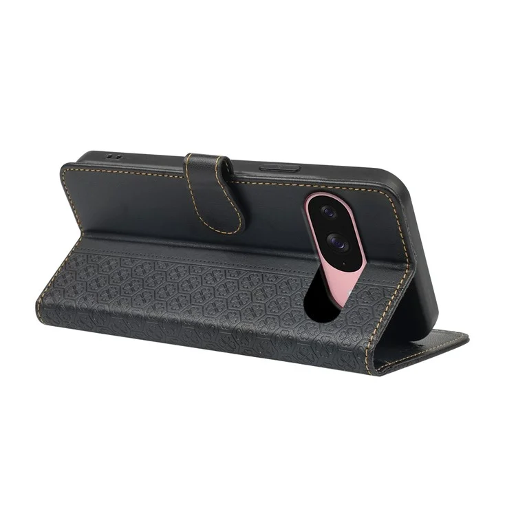 Funda para Google Pixel 9 / Pixel 9 Pro Cierre magnético Trébol de cuatro hojas Cubierta de teléfono de cuero - Negro