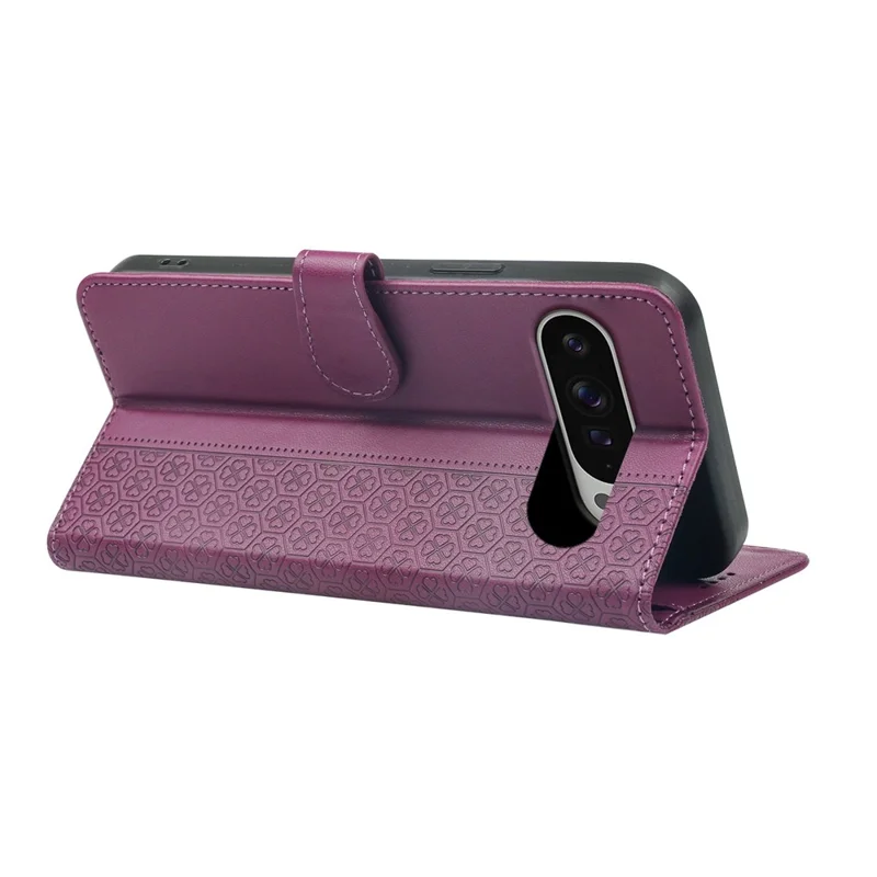 For Google Pixel 9 Pro XL Case Magnetic Clasp Four Leaf Clover Leather Phone Cover - Dark Purple