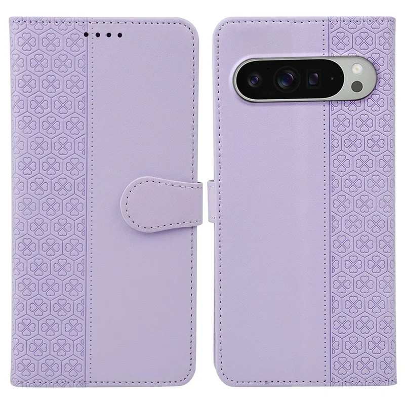 For Google Pixel 9 Pro XL Case Magnetic Clasp Four Leaf Clover Leather Phone Cover - Light Purple