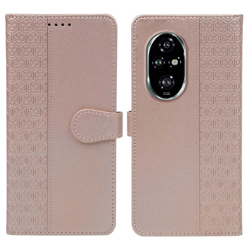 For Honor 200 Pro 5G Case Magnetic Clasp Four Leaf Clover Leather Phone Cover - Rose Gold