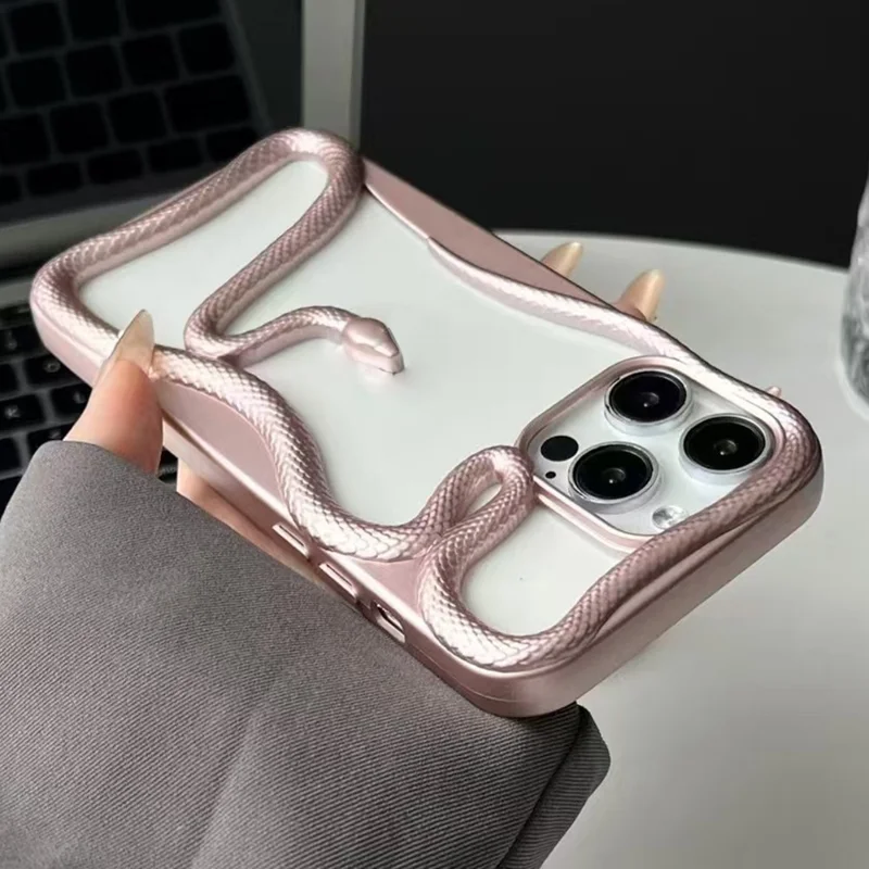 For iPhone 16 Pro Bumper Case 3D Snake Hollow TPU Phone Cover - Matte Pink