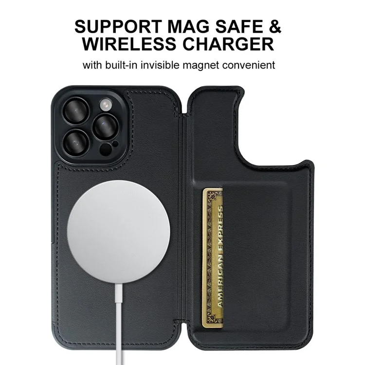 Для iPhone 13 Pro Магнитный чехол RCS Экологичный флипкейс с подставкой RFID-блокировкой - Чёрный