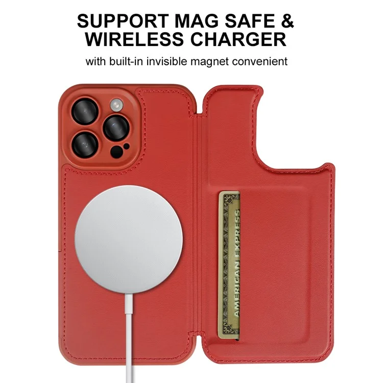 Capa magnética para iPhone 15 Pro Eco Friendly Flip Phone Cover com suporte RFID Blocking - Vermelho