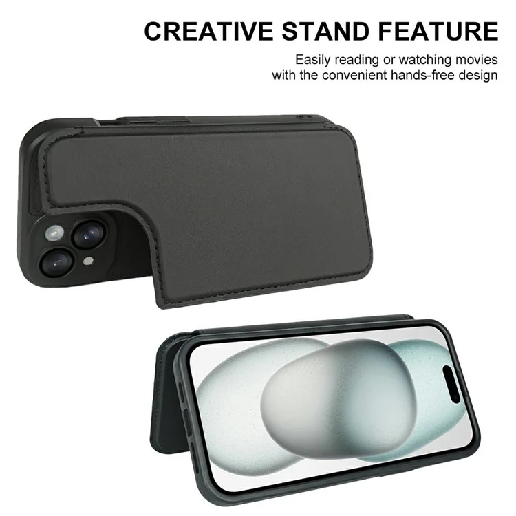 For iPhone 15 Magnetic Case RCS Eco Friendly Flip Phone Cover with Kickstand RFID Blocking - Black