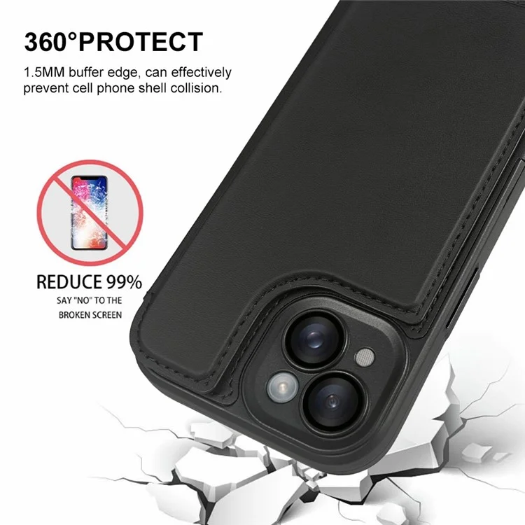 For iPhone 15 Magnetic Case RCS Eco Friendly Flip Phone Cover with Kickstand RFID Blocking - Black