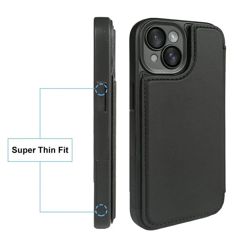 For iPhone 15 Magnetic Case RCS Eco Friendly Flip Phone Cover with Kickstand RFID Blocking - Black