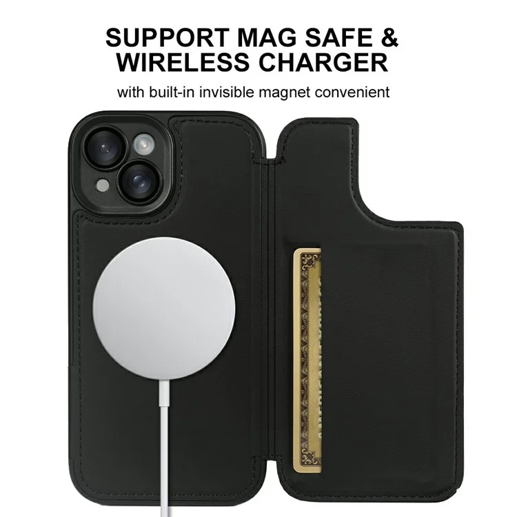 For iPhone 15 Magnetic Case RCS Eco Friendly Flip Phone Cover with Kickstand RFID Blocking - Black