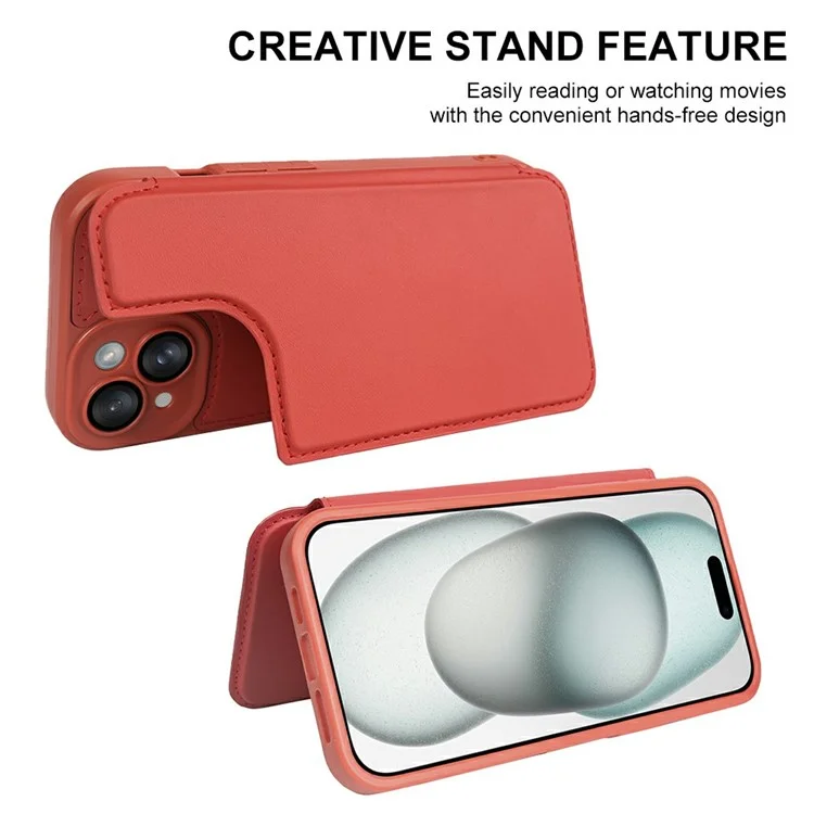 For iPhone 15 Magnetic Case RCS Eco Friendly Flip Phone Cover with Kickstand RFID Blocking - Red