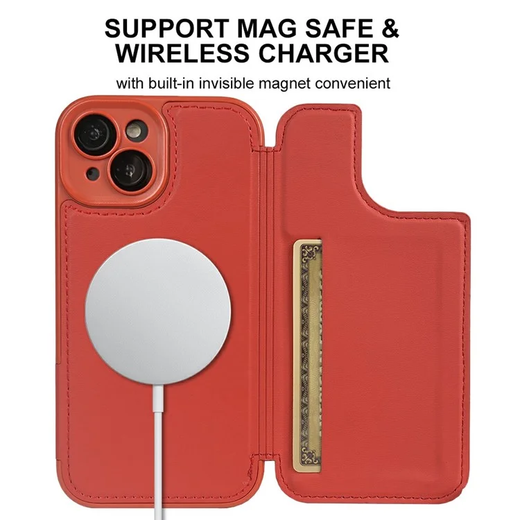 For iPhone 15 Magnetic Case RCS Eco Friendly Flip Phone Cover with Kickstand RFID Blocking - Red
