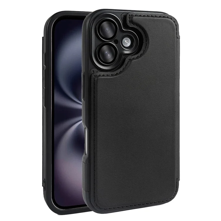 For iPhone 16 Magnetic Case RCS Eco Friendly Flip Phone Cover with Kickstand RFID Blocking - Black