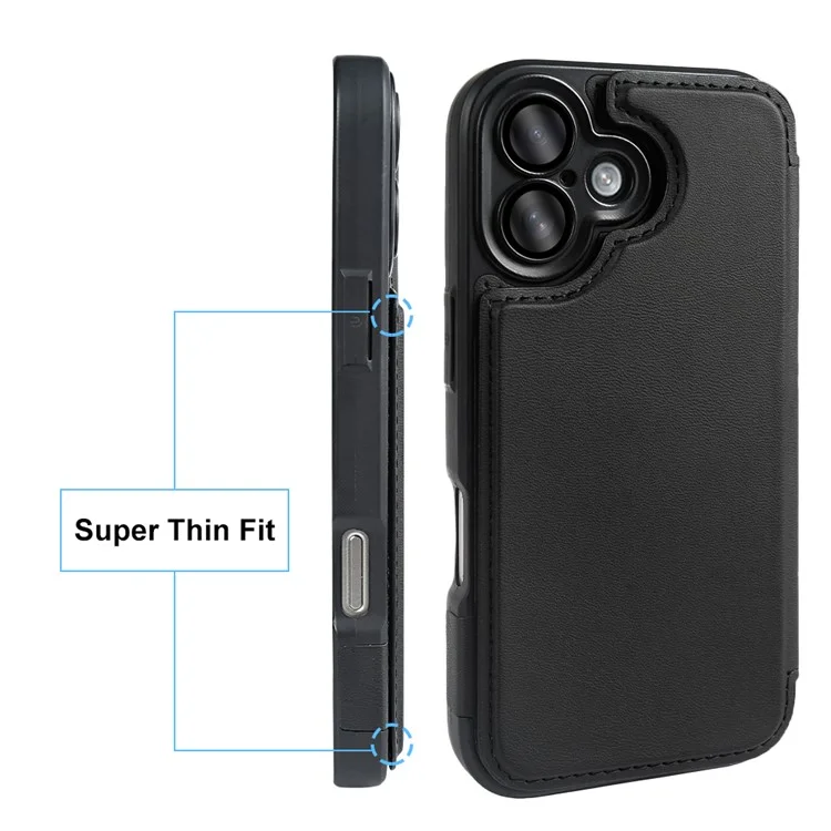 For iPhone 16 Magnetic Case RCS Eco Friendly Flip Phone Cover with Kickstand RFID Blocking - Black
