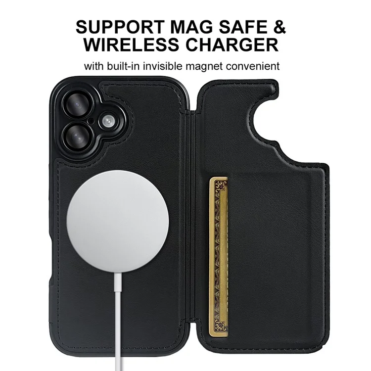 For iPhone 16 Magnetic Case RCS Eco Friendly Flip Phone Cover with Kickstand RFID Blocking - Black