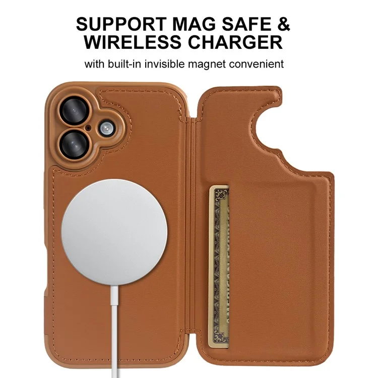 For iPhone 16 Magnetic Case RCS Eco Friendly Flip Phone Cover with Kickstand RFID Blocking - Brown