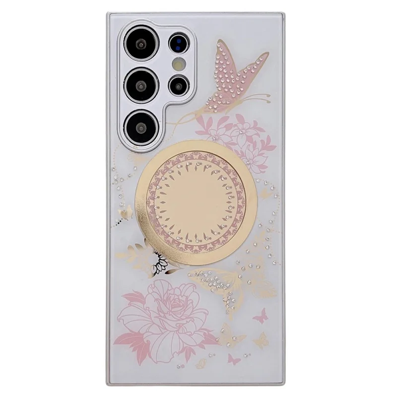 For Samsung Galaxy S25 Ultra Magnetic Case TPU + PC Phone Cover Flower Butterfly Pattern - White / Pink