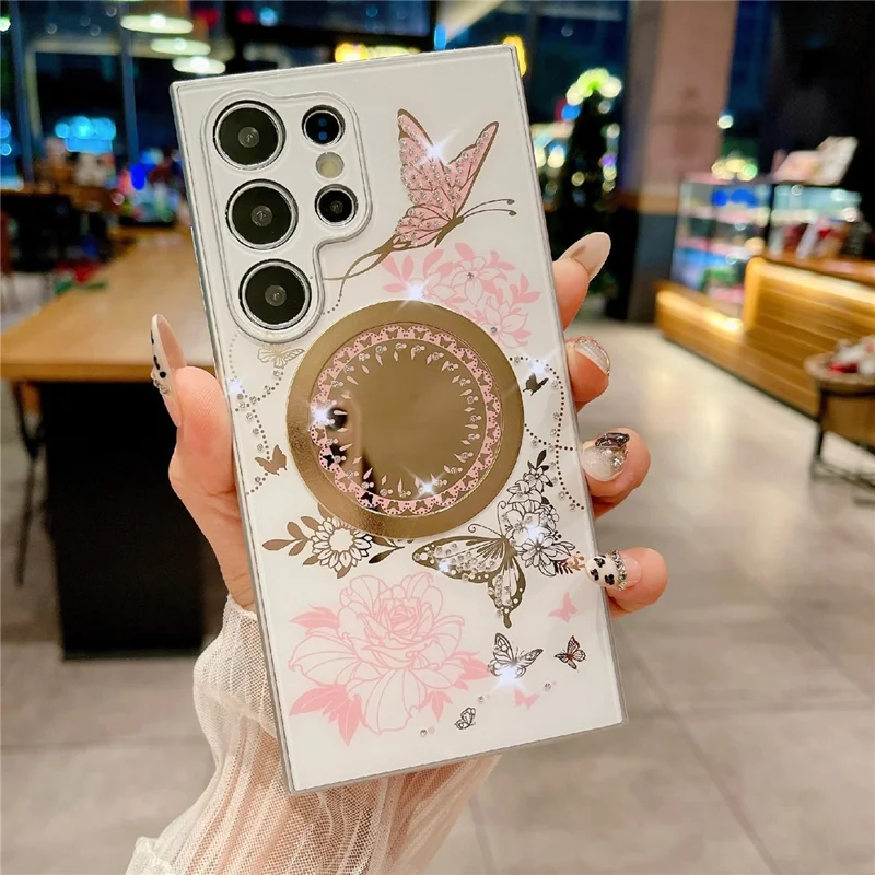 For Samsung Galaxy S25 Ultra Magnetic Case TPU + PC Phone Cover Flower Butterfly Pattern - White / Pink