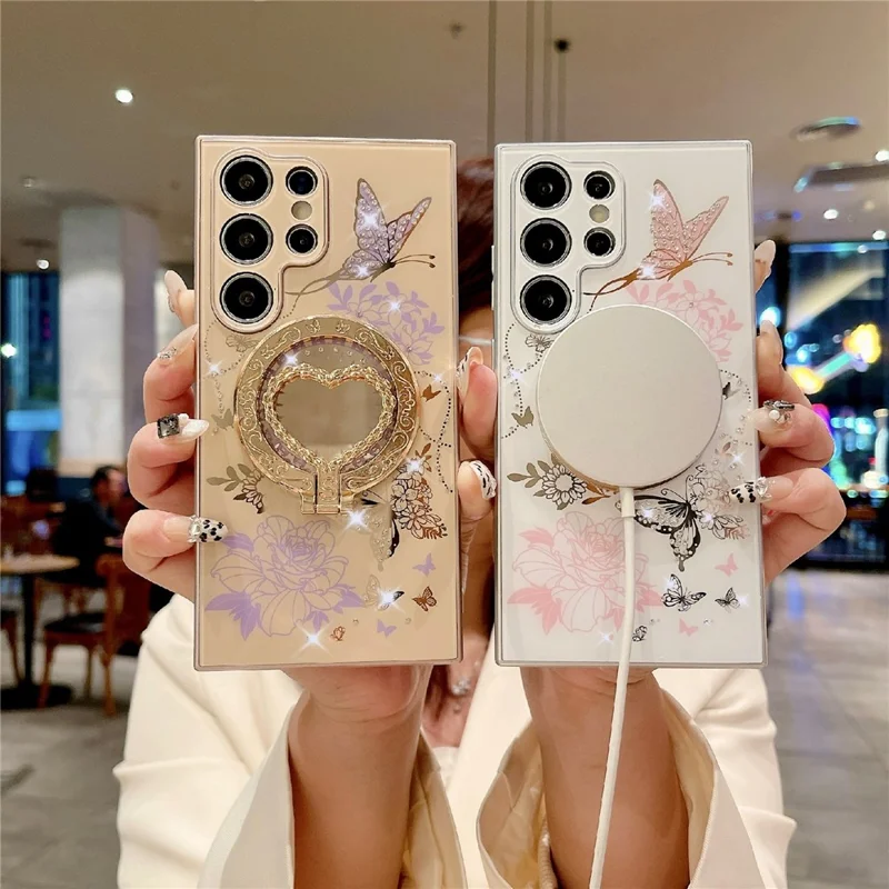 For Samsung Galaxy S25 Ultra Magnetic Case TPU + PC Phone Cover Flower Butterfly Pattern - White / Pink