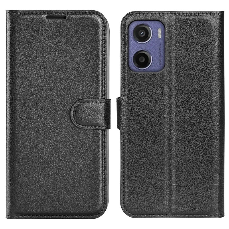 For Motorola Moto E15 4G Case Litchi Texture Shockproof Leather Wallet Phone Cover - Black