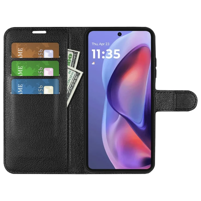 For Motorola Moto E15 4G Case Litchi Texture Shockproof Leather Wallet Phone Cover - Black