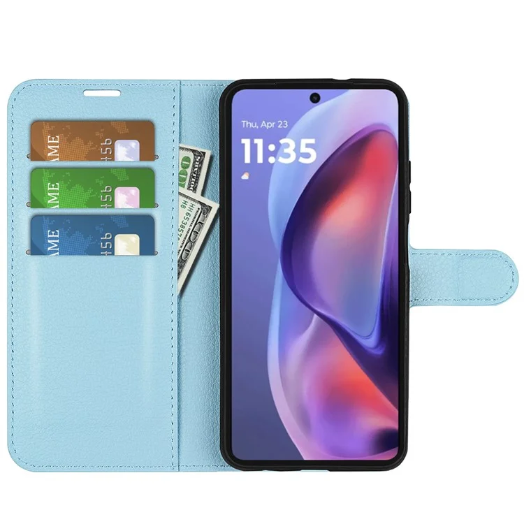 Funda para Motorola Moto E15 4G, textura de litchi, a prueba de golpes, funda de cuero tipo billetera para teléfono - Azul