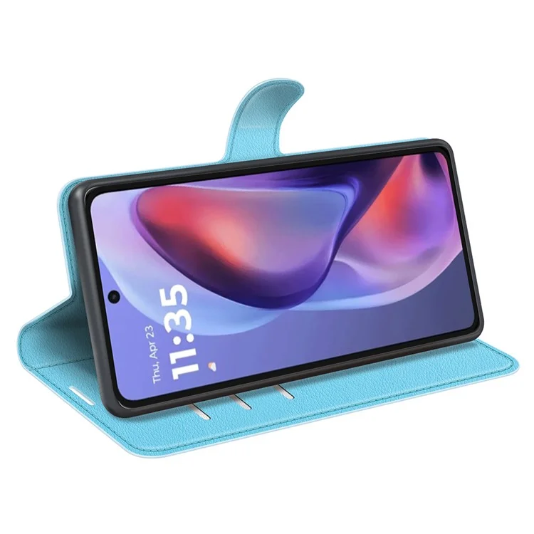 Funda para Motorola Moto E15 4G, textura de litchi, a prueba de golpes, funda de cuero tipo billetera para teléfono - Azul