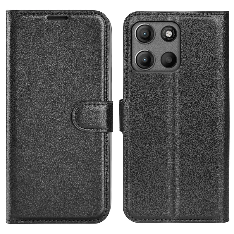 For Motorola Moto G15 4G Case Litchi Texture Shockproof Leather Wallet Phone Cover - Black