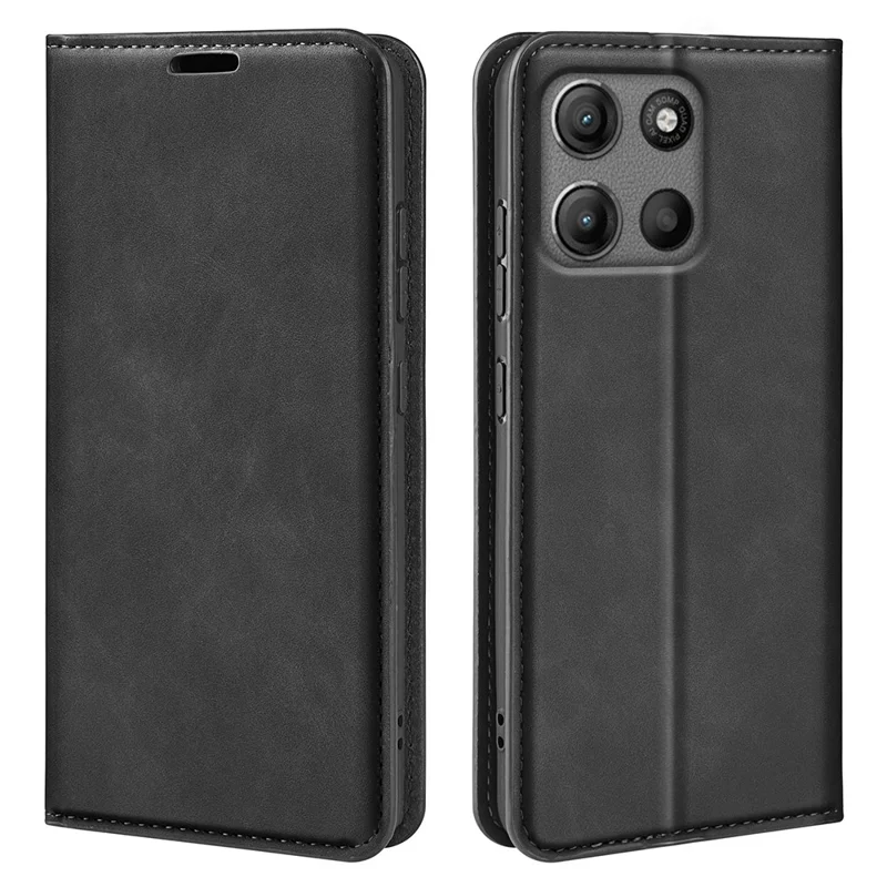 For Motorola Moto G15 4G Case Skin Touch Leather Wallet Phone Cover - Black