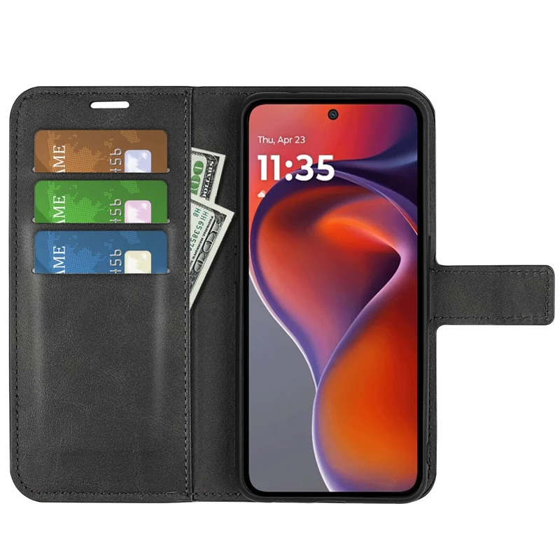 Futerał na Motorola Moto G15 4G z podstawką, antyrysowy, z krowiej skóry PU – Czarny