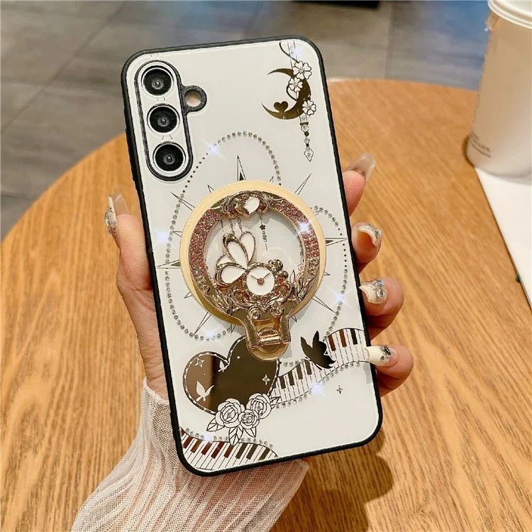 Étui magnétique avec support pour Samsung Galaxy S25, en TPU et PC avec décoration de strass - Blanc