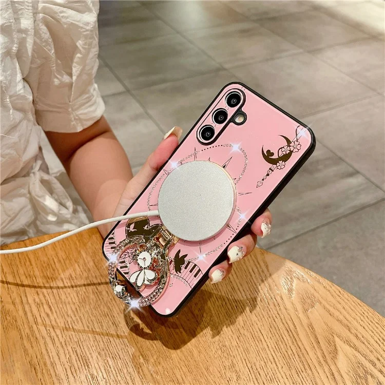 Étui magnétique avec support pour Samsung Galaxy S25, en TPU et PC avec décoration de strass - Blanc