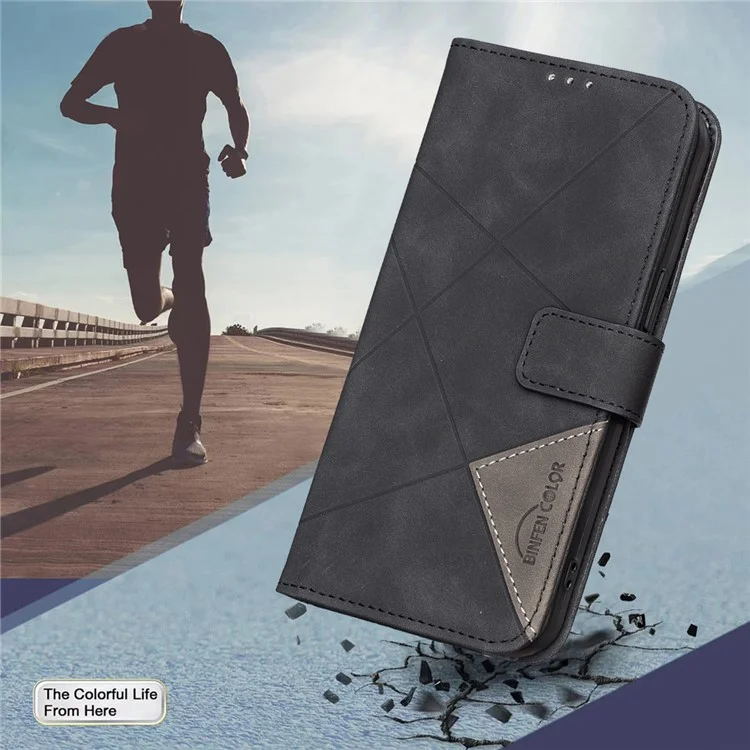 BINFEN COLOR For Xiaomi Poco X7 Pro 5G / Redmi Turbo 4 5G Phone Cases Wallet Stand Geometry Imprinted Leather Cover - Black