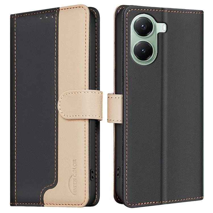 BINFEN COLOR BF33 Phone Case for Xiaomi Poco X7 Pro 5G / Redmi Turbo 4 5G Leather Cover Splicing Color RFID Blocking - Black