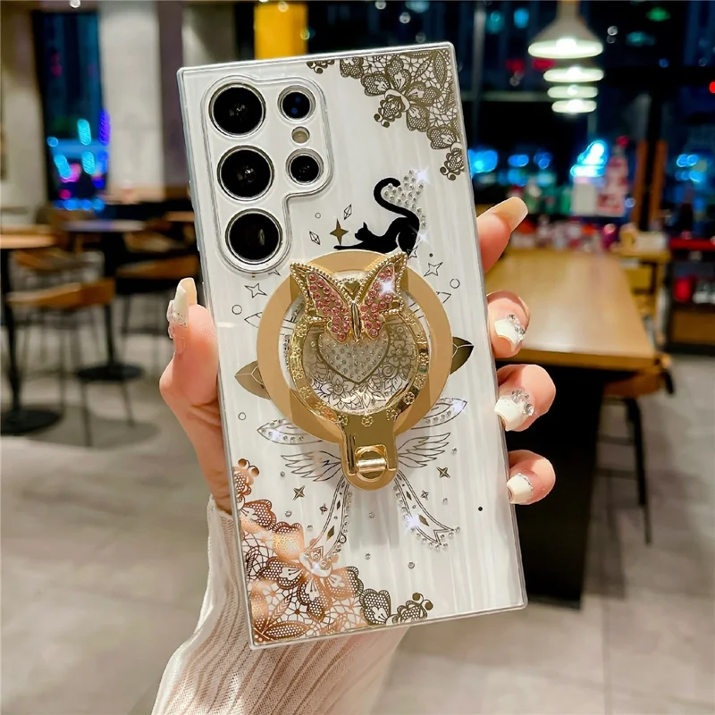 For Samsung Galaxy S25 Ultra Magnetic Case Rhinestones Decor Kickstand Cat Pattern TPU+PC Phone Cover - White