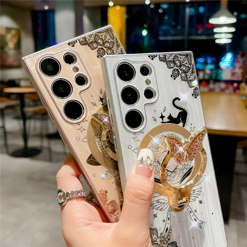 For Samsung Galaxy S25 Ultra Magnetic Case Rhinestones Decor Kickstand Cat Pattern TPU+PC Phone Cover - White