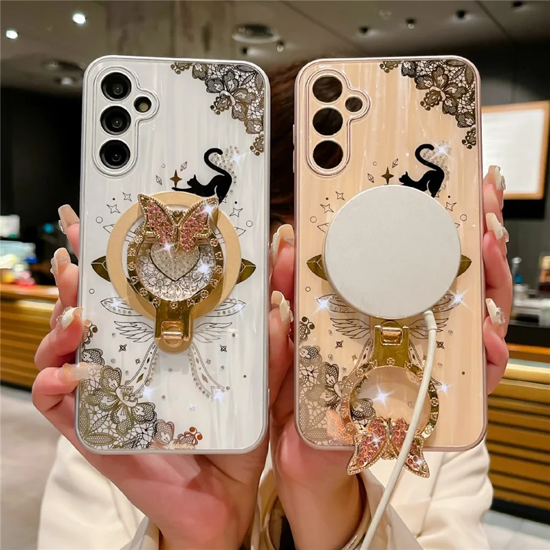 For Samsung Galaxy S25+ Magnetic Case Rhinestones Decor Kickstand Cat Pattern TPU+PC Phone Cover - White