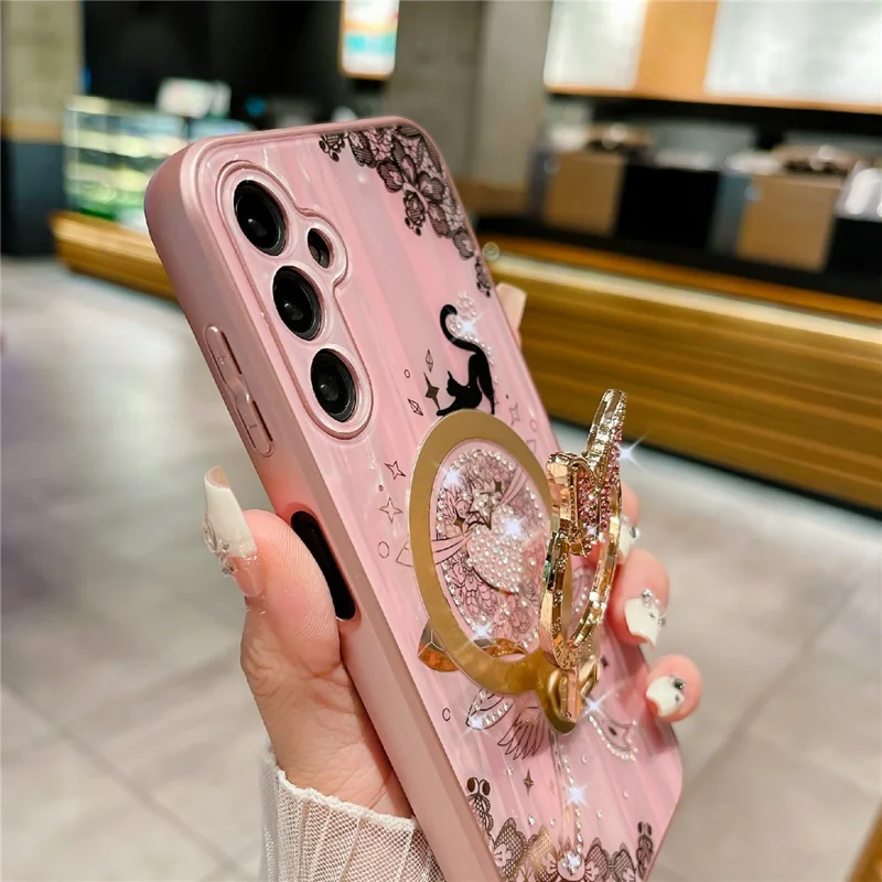For Samsung Galaxy S25+ Magnetic Case Rhinestones Decor Kickstand Cat Pattern TPU+PC Phone Cover - White