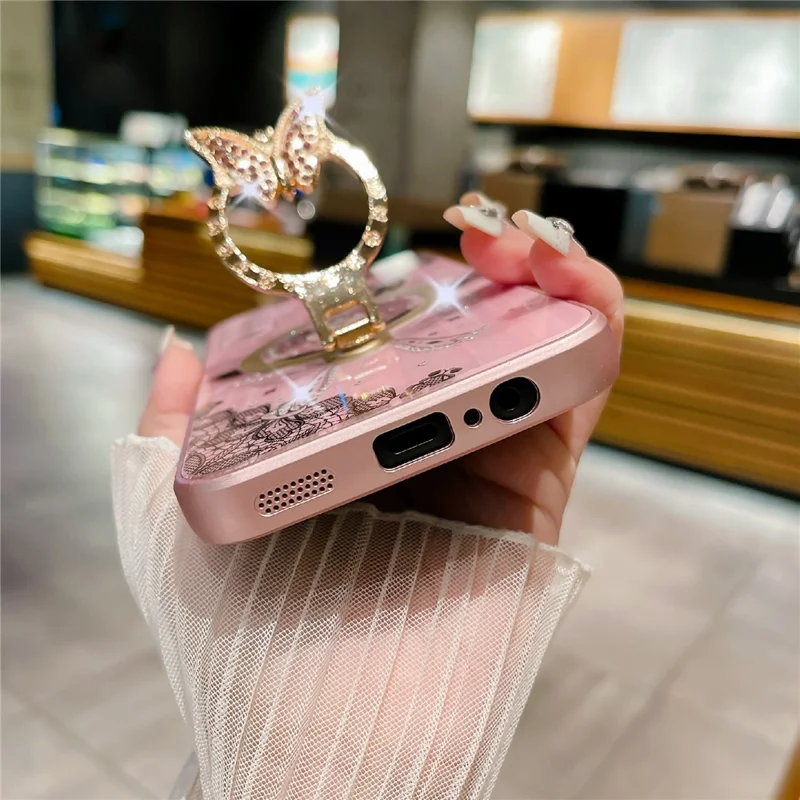 For Samsung Galaxy S25+ Magnetic Case Rhinestones Decor Kickstand Cat Pattern TPU+PC Phone Cover - White