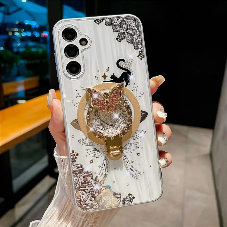 Coque magnétique pour Samsung Galaxy S25 avec décoration de strass, support intégré et motif de chat en TPU+PC - Blanc
