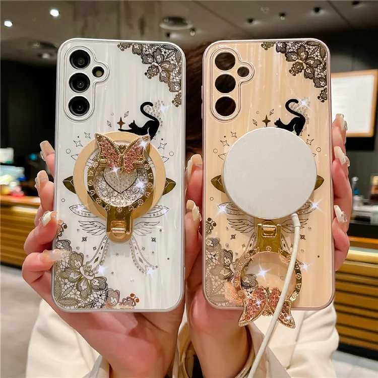 Coque magnétique pour Samsung Galaxy S25 avec décoration de strass, support intégré et motif de chat en TPU+PC - Blanc