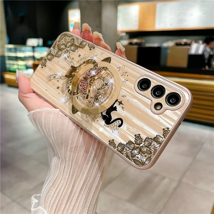 Coque magnétique pour Samsung Galaxy S25 avec décoration de strass, support intégré et motif de chat en TPU+PC - Blanc