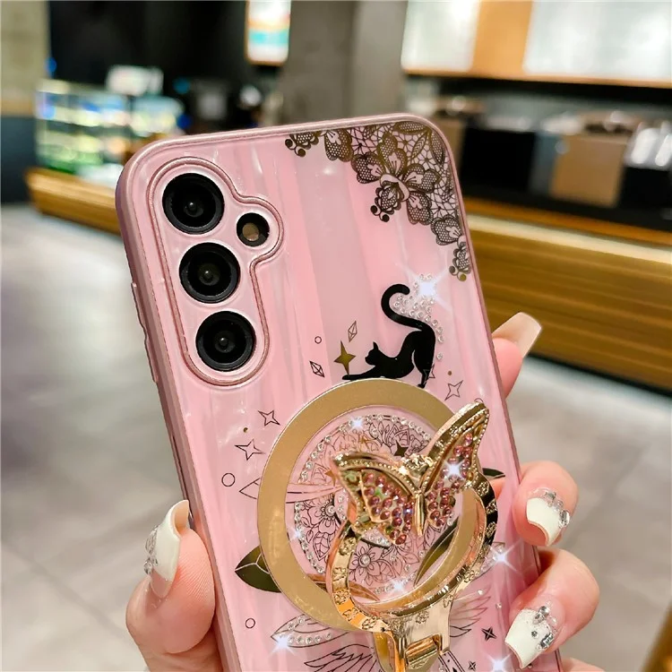 Coque magnétique pour Samsung Galaxy S25 avec décoration de strass, support intégré et motif de chat en TPU+PC - Blanc