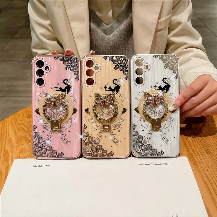 Coque magnétique pour Samsung Galaxy S25 avec décoration de strass, support intégré et motif de chat en TPU+PC - Blanc