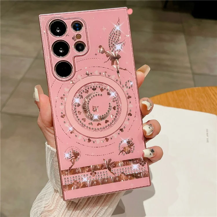 Für Samsung Galaxy S24 Ultra Magnetische Hülle Stern-Mond-Muster Strass-Dekor TPU+PC Handyhülle - Pink